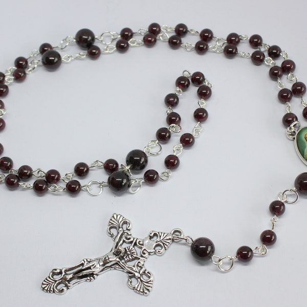 Garnet Gemstone Rosary Beads, Five Decade Rosary Beads with Crucifix, Garnet Catholic Rosary Beads, Gemstone Prayer Beads