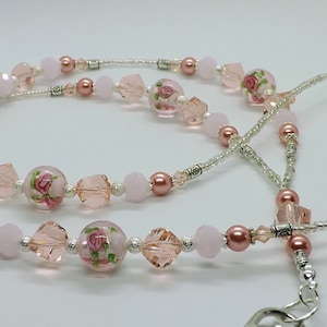 Pink Flower Beads  Pink Glass Crystal Beads ID Lanyard Badge Card Holder Beaded Work Cruise Lanyard Woman Accessory Work Lanyard Gift