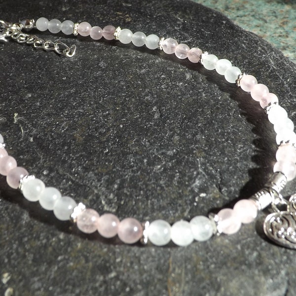 Rose Quartz Moonstone 4mm Gemstone Beads Heart Charm Anklet Gypsy Beach Anklet Emotional Healing Anklet Gift for Her