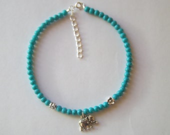 Turquoise Beaded Elephant Charm Anklet Ankle Bracelet