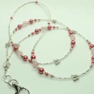 Rosa Schmetterling Glasperlen ID Lanyard Abzeichen Halter Halskette Handarbeit