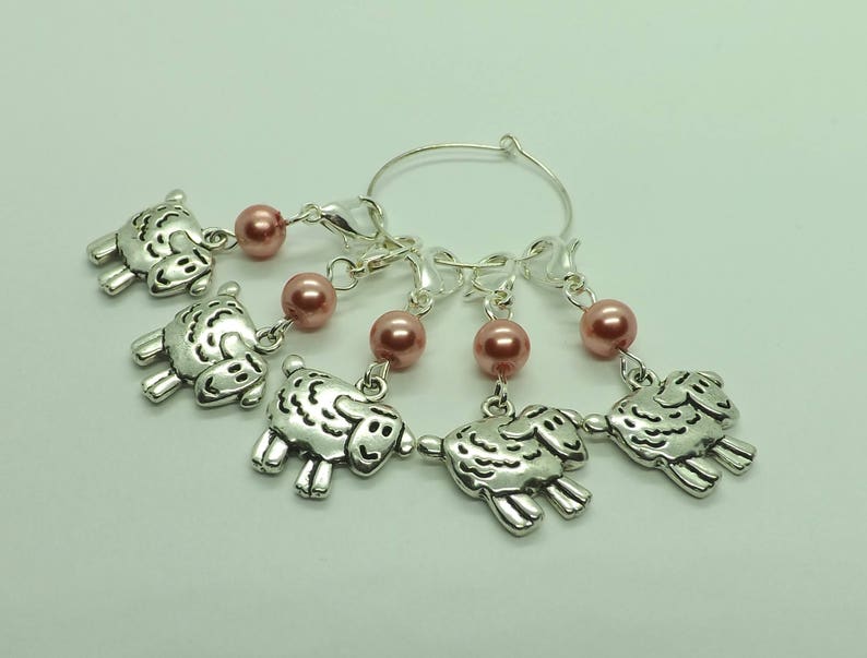 Set of Five Sheep Pink Beads Knitting Stitch Crochet Markers