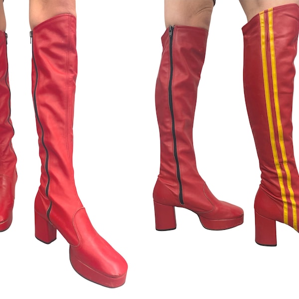 1970s Platform Boots OTK Red Yellow Glam 70s Disco Psych Thigh Sz 5 UK