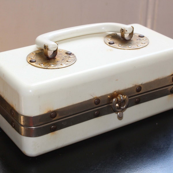 Vintage 1960's Cream Plastic Box Bag Purse Train Case / Trunk /  Handbag Box Bag Purse Rare Punk Rockabilly Brass trim