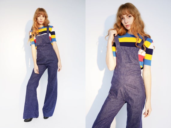 1970s Vintage Denim Dungarees Jumpsuit Flares Hipp