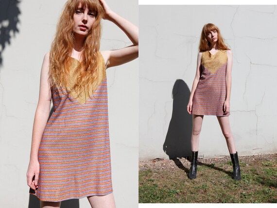 60s 70s Vintage Mini Dress Sparkly stripes MOD PSY