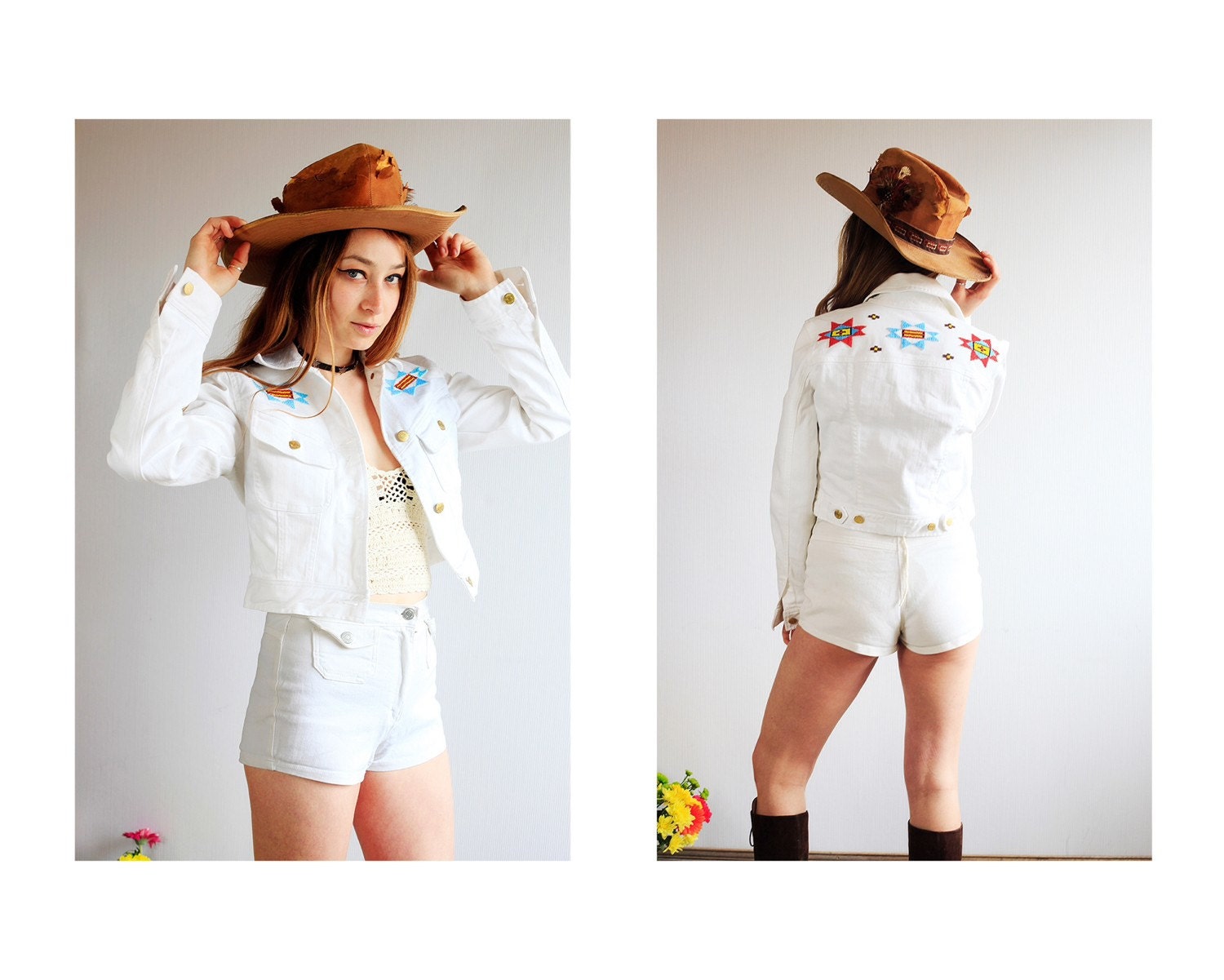 Vtg Ralph Lauren Southwestern Indian Beaded Navajo Aztec Customised Cropped White Denim Jacket.