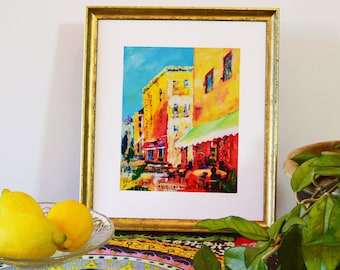 Tropical Cafe Print, Cafe art, Citrus Colour art, Corfu Old Town, Kitchen Decor, Entry Decor Wall, New Home Gift for her, Summer Decorations