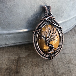 Tiger eye and copper wire Tree of Life pendant/ strength pendant