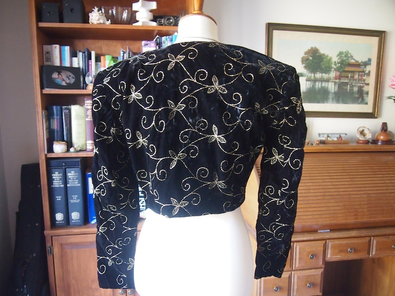Vtg jacket - crop short button-up empire waist spencer - 1800s Victorian Regency costume - black gold embroidered vines floral velvet S M image 3