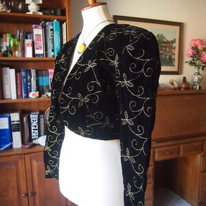 Vtg jacket - crop short button-up empire waist spencer - 1800s Victorian Regency costume - black gold embroidered vines floral velvet S M image 2