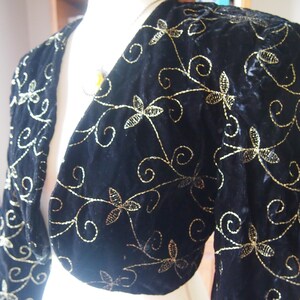 Vtg jacket - crop short button-up empire waist spencer - 1800s Victorian Regency costume - black gold embroidered vines floral velvet S M image 6