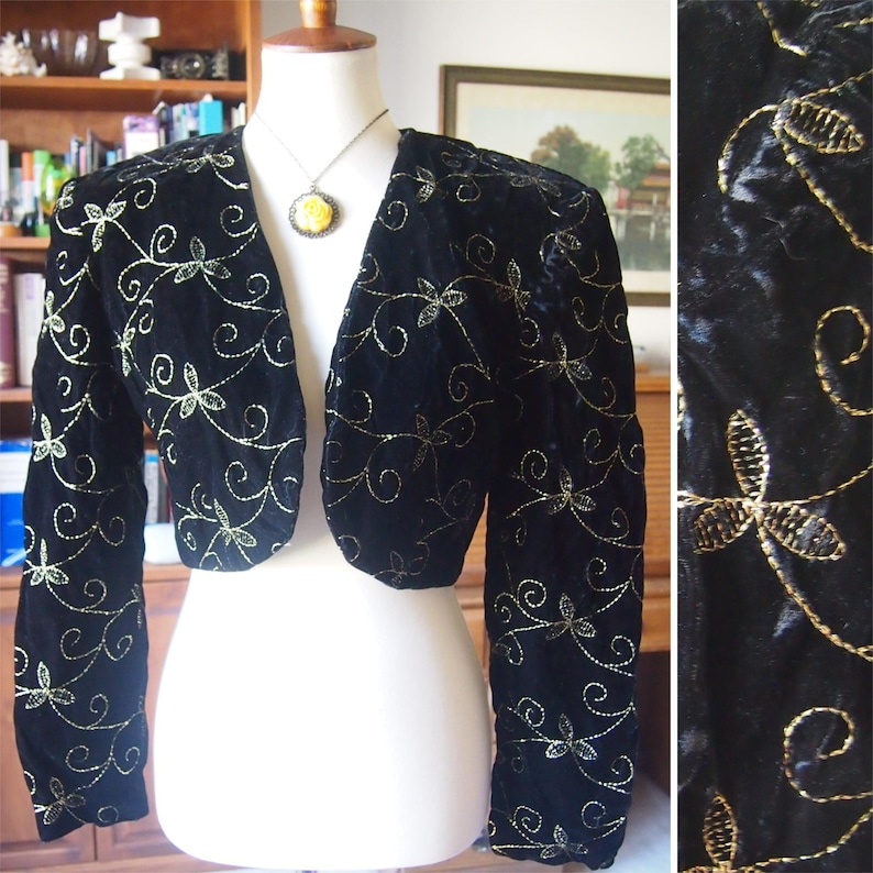Vtg jacket - crop short button-up empire waist spencer - 1800s Victorian Regency costume - black gold embroidered vines floral velvet S M image 1