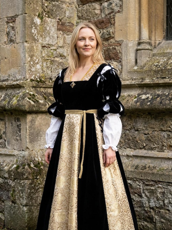 German Renaissance Gold Black Velvet Jacquard Dress Gown Costume - Clearance/sale!