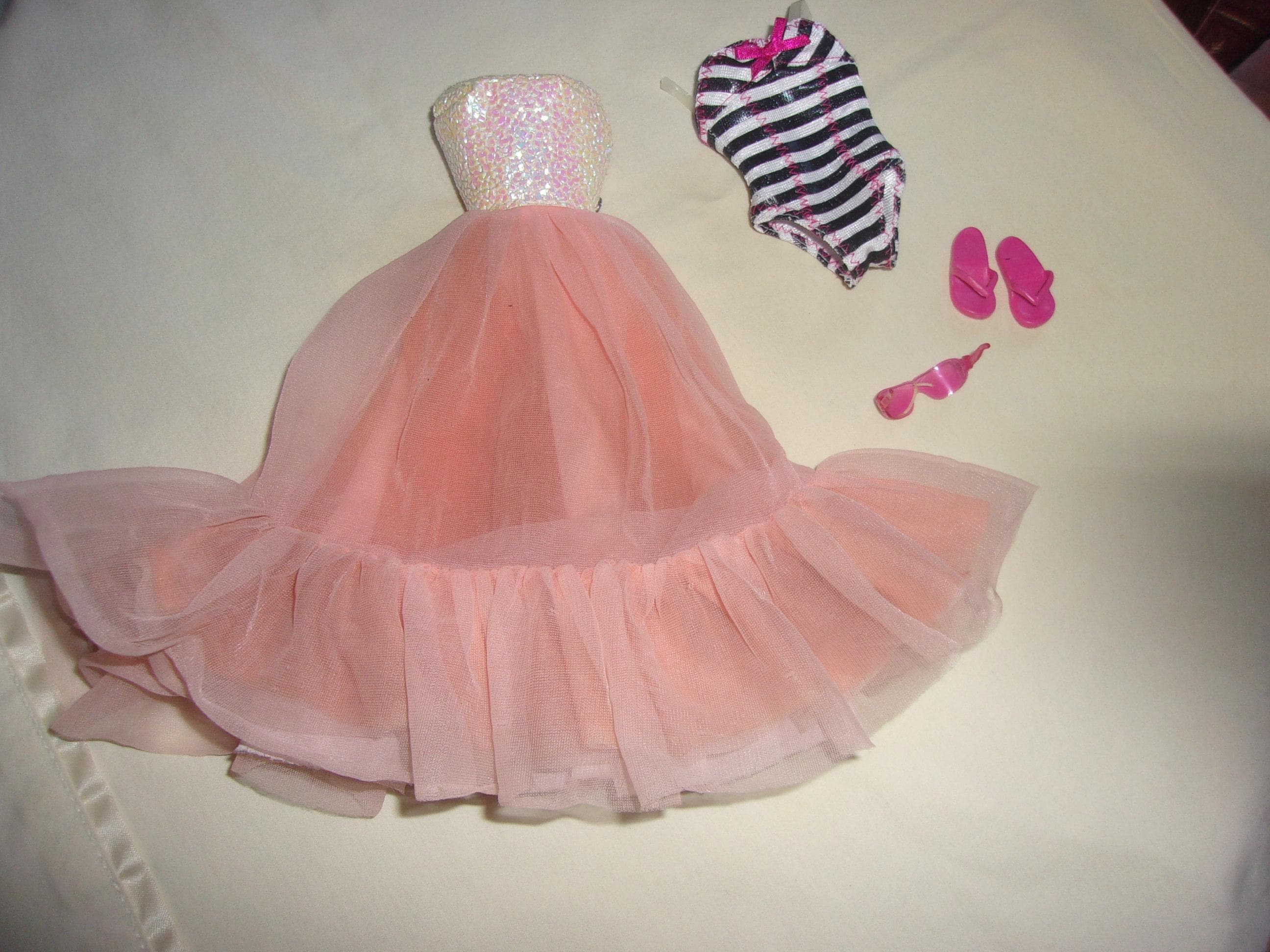 Vintage Barbie Clothes  --  Evening dress, bathing suit, shoes, eyeglasses