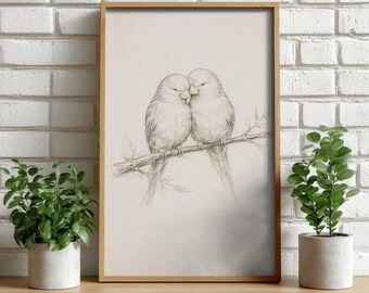 Love Birds Pencil Sketch Printable Wall Art | Vintage Romantic Bird Drawing | Digital Download | Minimal Nature Art for Home Decor