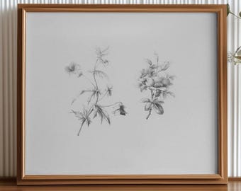 Flower Drawing Printable Wall Art | Vintage Floral Sketch Black and White | Minimal Botanical Neutral Home Decor | Digital Download