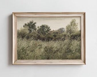 Vintage Meadow Printable Wall Art | Country Field Painting | Moody Green Nature Art | Antique Style Countryside Print | Digital Download
