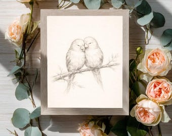 Vintage Love Birds Pencil Sketch Print, Romantic Cottagecore Wall Art (Digital Download)