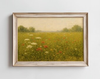 Vintage Wildflower Field Art Print, Pastel Meadow Landscape (Digital Download)