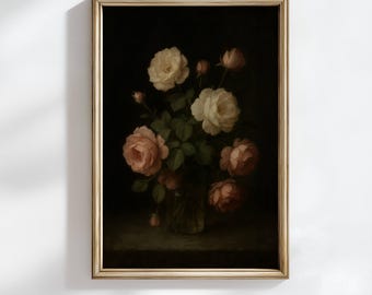 Vintage Rose Vase Print, Antique Floral Still Life (Digital Download)
