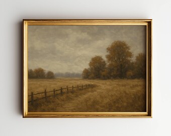 Vintage Countryside Landscape Wall Art Printable, Rustic Meadow Fence Painting, Neutral Farmhouse Decor, Nature Art Digital Download Print