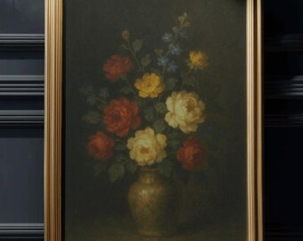 Vintage Flower Vase Painting, Dark Moody Floral Wall Art (Digital Download)