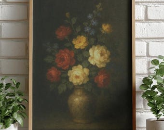 Vintage Floral Vase Painting, Dark Moody Gothic Wall Art (Digital Download)