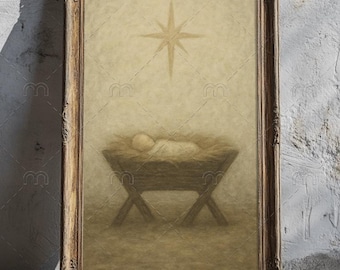 May include: A framed print depicting a nativity scene. The artwork features a baby in a manger beneath a star. The frame is a dark wood with ornate detailing. The background is a muted, sepia tone.
