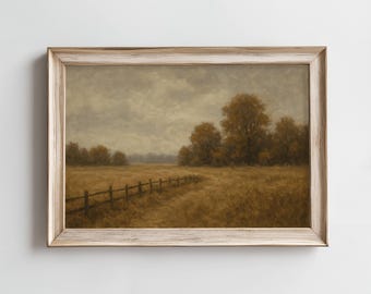 Vintage Farmhouse Landscape Painting, Moody Autumn Field (Digital Download)