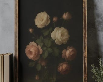 Vintage Rose Painting, Dark Floral Wall Art, Cottagecore Print (Digital Download)