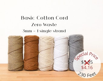 Basic Cotton Cord Zero Waste 3 mm - 1 Single strand,  Recycled cotton cord, macrame cotton string, macrame cord,macrame cord 3mm,cotton cord