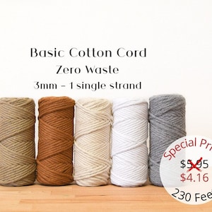 Basic Cotton Cord Zero Waste 3 mm - 1 Single strand,  Recycled cotton cord, macrame cotton string, macrame cord,macrame cord 3mm,cotton cord