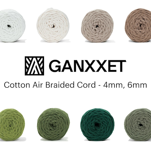 Cotton Air Cord 4mm, 6mm – Braided Cord Made of Recycled Cotton – Rope Supplies for Handbag, Gift Ornaments, Basket by Ganxxet, 164 ft.