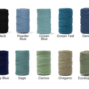 May include: Ten spools of cotton rope in various colors, including black, powder blue, ocean blue, ocean teal, denim, navy blue, sage, cactus, oregano, and eucalyptus.