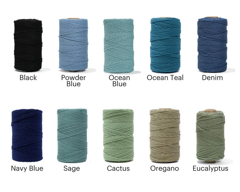 May include: Ten spools of cotton rope in various colors, including black, powder blue, ocean blue, ocean teal, denim, navy blue, sage, cactus, oregano, and eucalyptus.