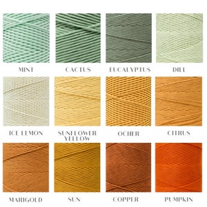 May include: Twelve spools of cotton cord in various shades of green, yellow, orange, and red. The colors are labeled with names like "Mint", "Cactus", "Eucalyptus", "Dill", "Ice Lemon", "Sunflower Yellow", "Ocher", "Citrus", "Marigold", "Sun", "Copper", and "Pumpkin".