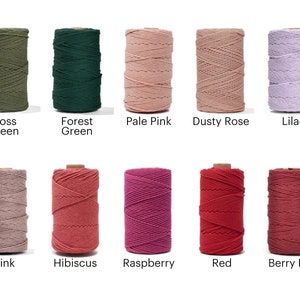 May include: Ten spools of cotton cord in various colors, including moss green, forest green, pale pink, dusty rose, lilac, mink, hibiscus, raspberry, red, and berry red.