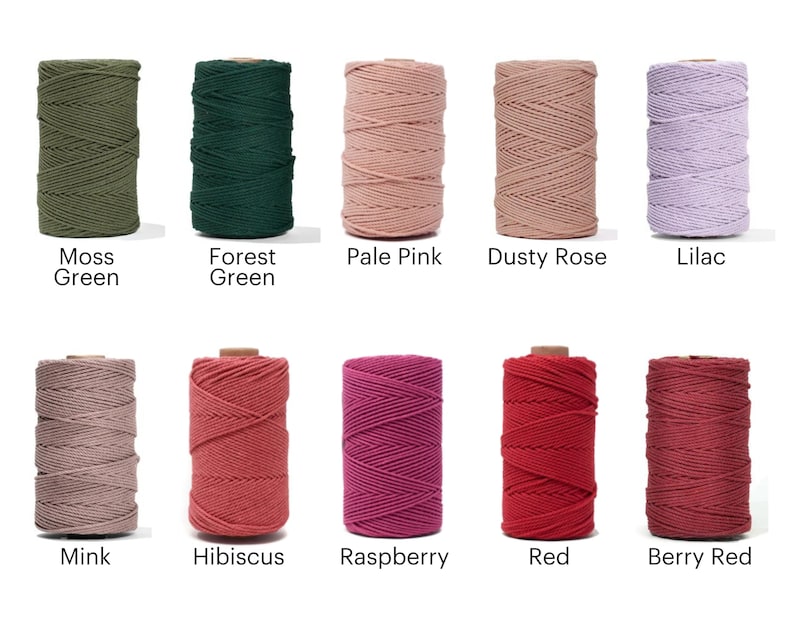 May include: Ten spools of cotton cord in various colors, including moss green, forest green, pale pink, dusty rose, lilac, mink, hibiscus, raspberry, red, and berry red.