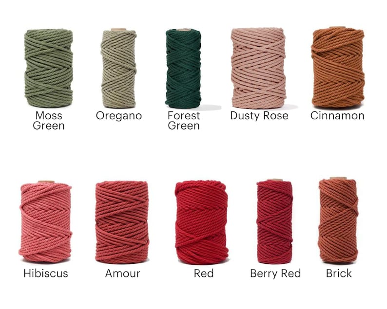 K&ouml;nnte beinhalten: Zehn Spulen Baumwollseil in verschiedenen Farben, darunter Moosgr&uuml;n, Oregano, Waldgr&uuml;n, Staubrosa, Zimt, Hibiskus, Amour, Rot, Beerrot und Ziegel.