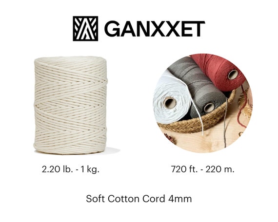 Recycled Cotton Macrame Cord 4mm X 240 Yards Single Strand Soft Cotton Rope  Supplies for Decor Crafts Plant Wall Hangers by GANXXET, 720 Ft. 