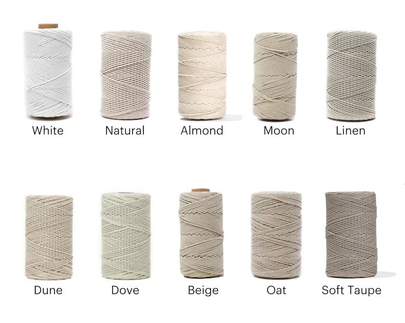 May include: Ten spools of cotton rope in various natural colors, including white, natural, almond, moon, linen, dune, dove, beige, oat, and soft taupe.