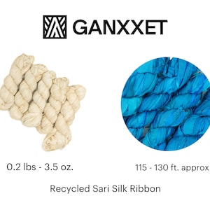 May include: A close-up of a bundle of cream-colored recycled sari silk ribbon. The ribbon is approximately 0.2 pounds or 3.5 ounces and measures 115 to 130 feet in length. GANXXET is printed in black text at the top of the image.