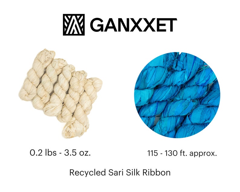 May include: A close-up of a bundle of cream-colored recycled sari silk ribbon. The ribbon is approximately 0.2 pounds or 3.5 ounces and measures 115 to 130 feet in length. GANXXET is printed in black text at the top of the image.