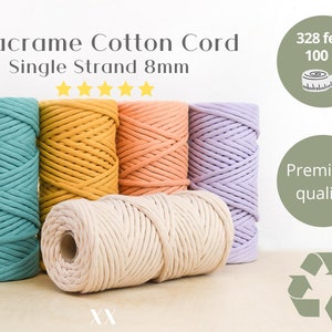 Jumbo 8 mm Macrame Cotton Cord - Recycled Cotton 8mm Single Strand cotton cord, macrame cord, weaving cord, chunky cord, tapestry cord