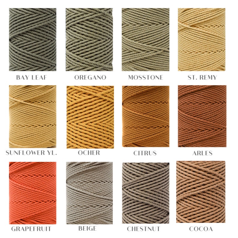 Op de afbeelding: Twaalf spoelen katoenen touw in verschillende kleuren, waaronder laurierblad, oregano, mos steen, St. Remy, zonnebloemgeel, oker, citrus, Arles, grapefruit, beige, kastanje en cacao.