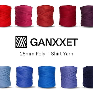 May include: A collection of ten spools of 25mm Poly T-Shirt Yarn in various colors, including red, pink, burgundy, purple, light blue, blue, and navy. The brand name GANXXET is displayed in a black, geometric font.