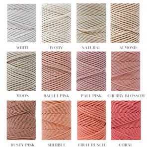 Op de afbeelding: Close-up van 12 spoelen katoenen touw in verschillende tinten wit, beige, roze en koraal. De kleuren zijn gelabeld: Wit, Ivoor, Natuurlijk, Amandel, Maan, Balletroze, Bleekroze, Kersenbloesem, Stofrose, Sorbet, Fruitpunch en Koraal.