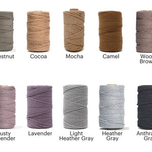 May include: Ten spools of cotton cord in various colors, including chestnut, cocoa, mocha, camel, wood brown, dusty lavender, lavender, light heather gray, heather gray, and anthracite gray.