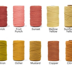 May include: Ten spools of cotton rope in various colors, including brick, fruit punch, sunset, mellow yellow, sunflower yellow, citron, ocher, mustard, copper, and citrus.